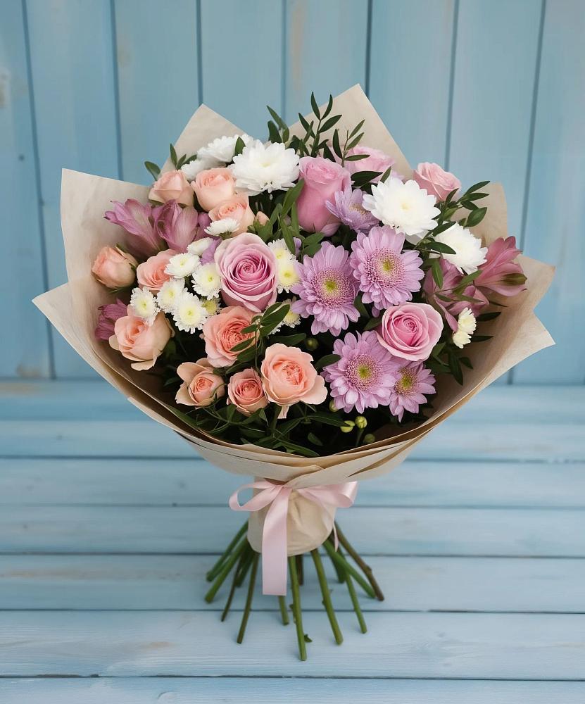 Букет цветов из: Хризантемы, Розы и Альстромерии в Пикалёво