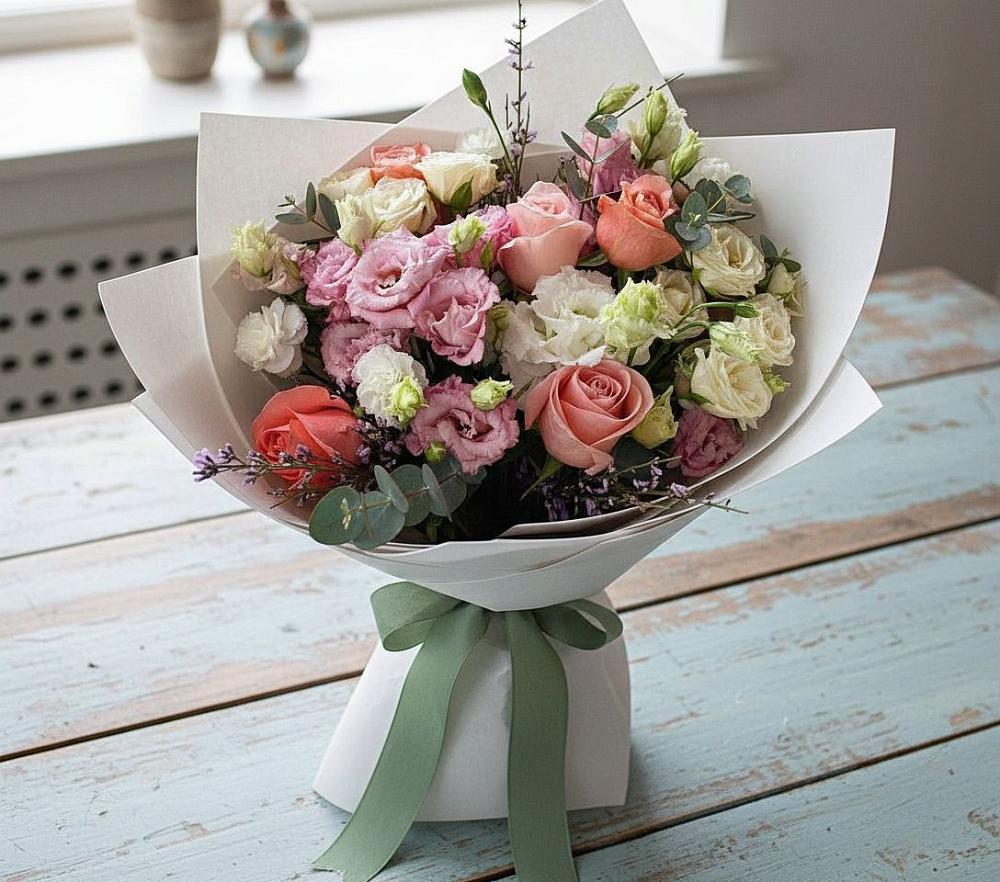 Букет цветов из: Розы, Лизиантусы и Гвоздики в Пикалёво