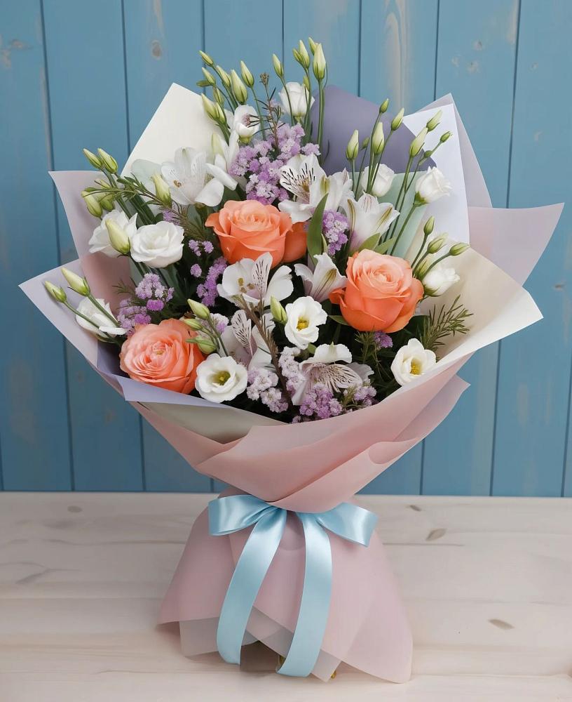 Букет цветов из: Лизиантусы, Розы, Альстромерии и Гипсофила в Пикалёво