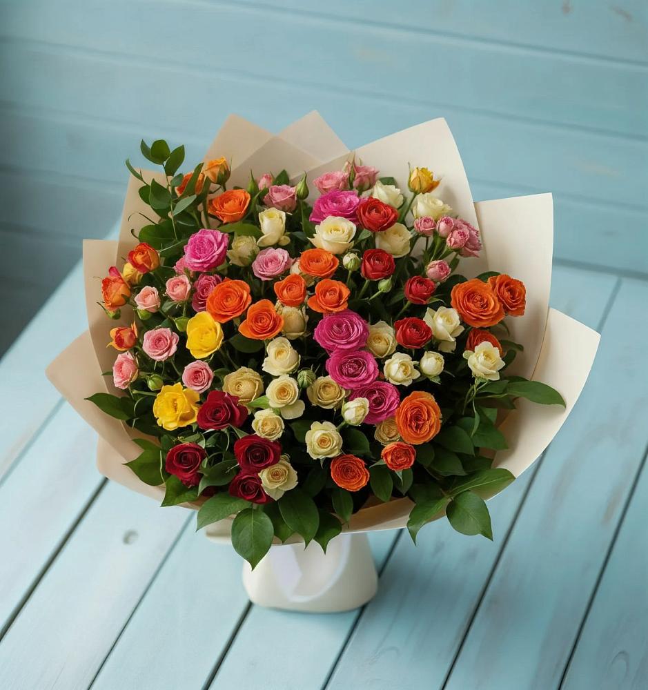 Букет Микс из разноцветных кустовых роз в Пикалёво