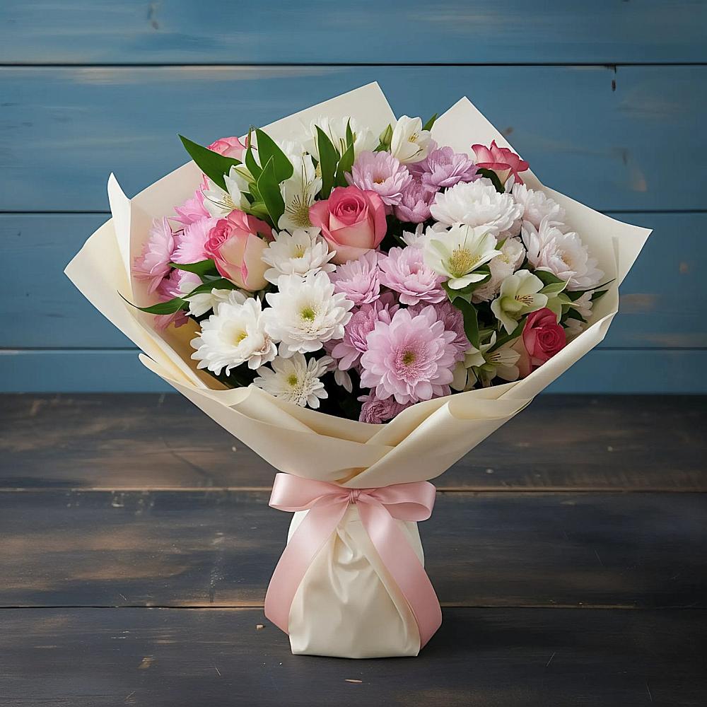 Букет цветов из: Хризантемы, Альстромерии и Розы в Пикалёво